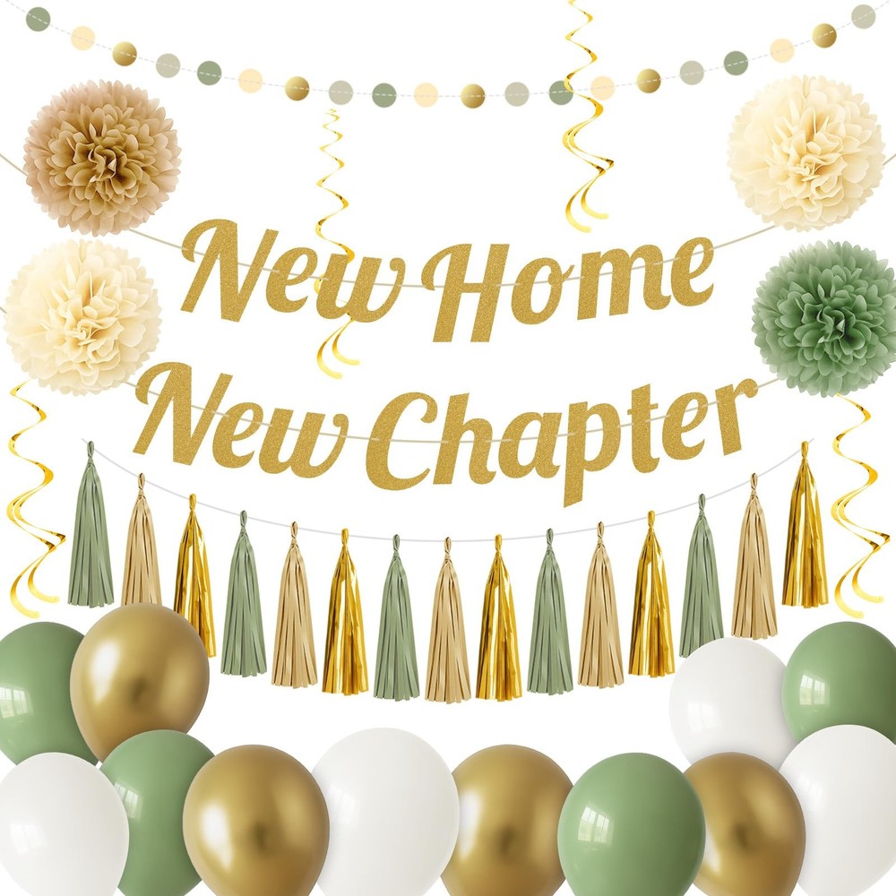 New Home New Chapter Housewarming Decorations Set, Sage Green Gold Boho Welco…