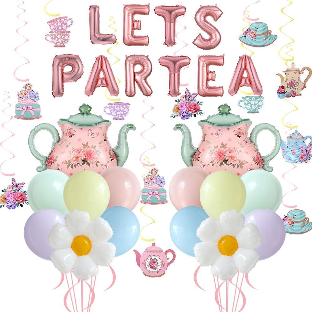 Tea Party Decorations 26Pcs Macaron Balloons with LETS PARTEA Foil Balloon Ba…