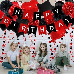 Black & Red Birthday Decorations Set – Banner, Balloons & Pompoms for All Ages