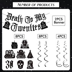 30th Birthday Decorations 14pcs Black Banner, Hanging Swirls & Ceiling Decor