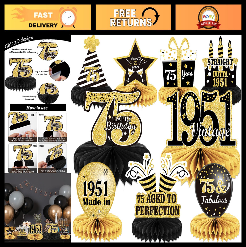 75th Birthday Decorations Set – 9PCS Vintage Centerpieces, Honeycomb Table Toppe