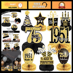 75th Birthday Decorations Set – 9PCS Vintage Centerpieces, Honeycomb Table Toppe