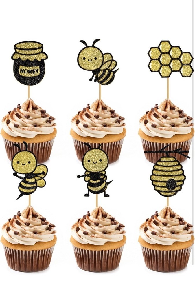 24 PCS Bumble Bee Cupcake Toppers Glitter 🐝 Bee 🍯 Honey Cupcake Birthday Party
