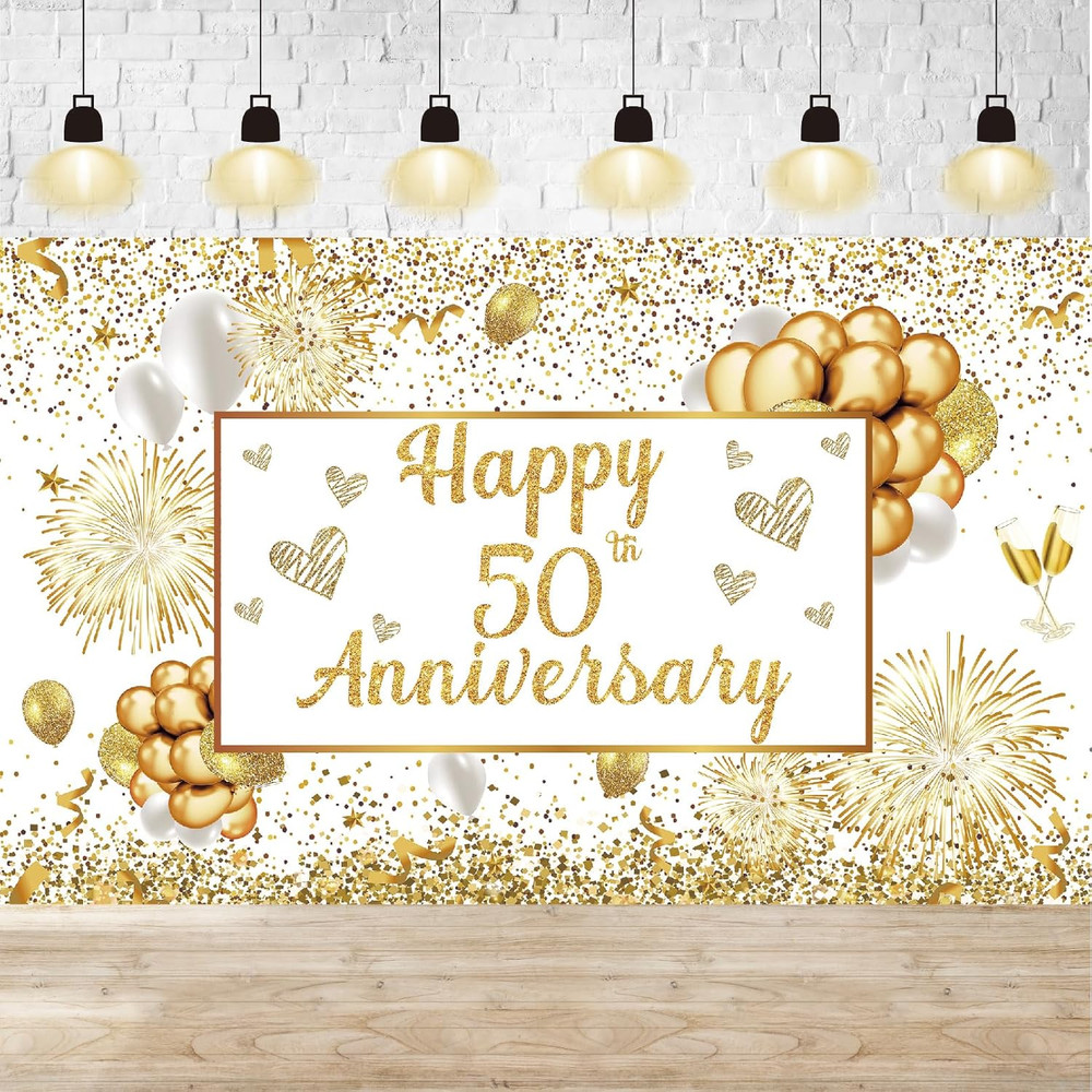 50Th Wedding Anniversary Decorations – White Gold Happy Anniversary Banner, Larg