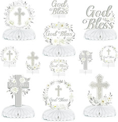 God Bless Honeycomb Centerpieces, 12Pcs Baptism Table Decorations | White Sliver
