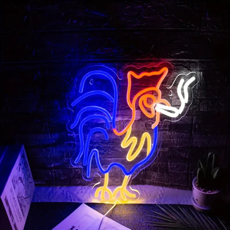 Rooster Neon Sign Red Blue LED Sign Adjustable Lighting, Wall Decoration Animal