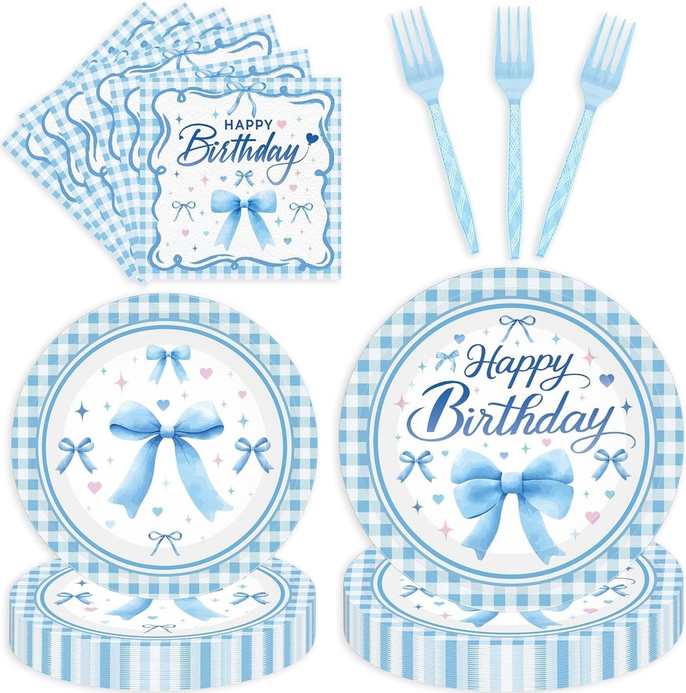 Blue Gingham Plaid Bows Disposable Birthday Tableware (Plates, Napkins, Forks)
