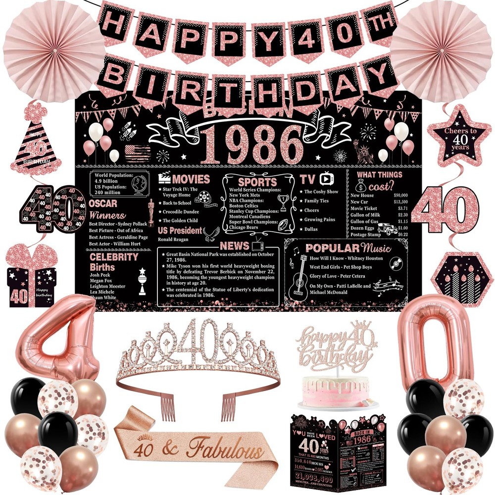40th Birthday Decorations for Women,32PCS Back in 1986 Party Black