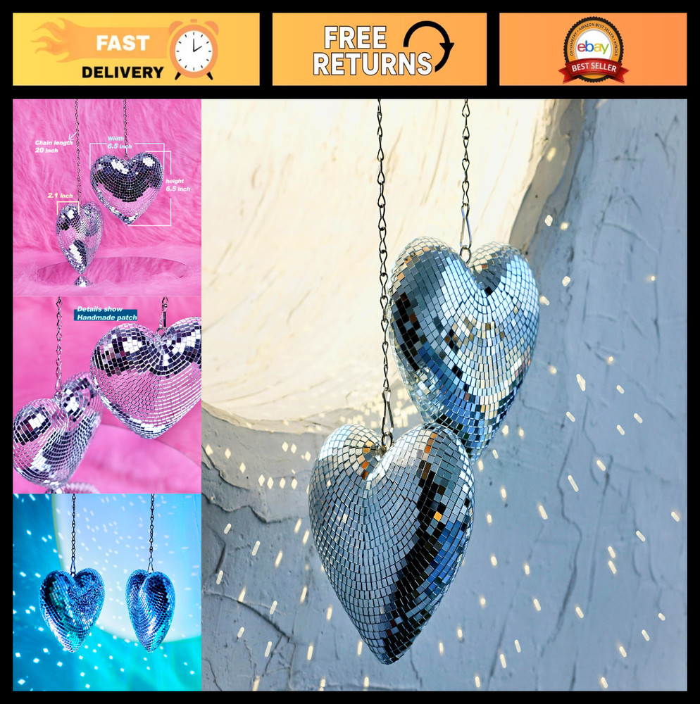 2 Pack Silver Heart-Shaped Disco Balls – 6.3″ Hanging Decor for Party, Wedding,