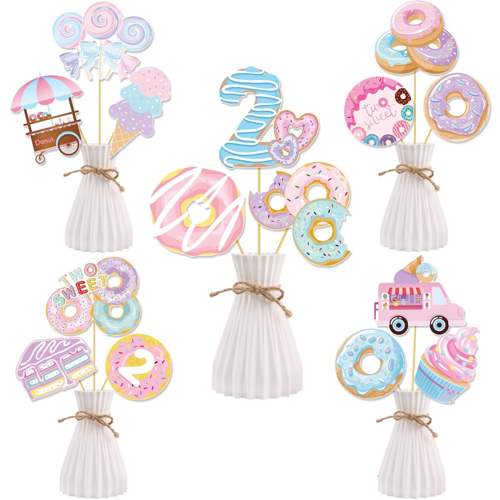21Pcs Two Sweet Party Centerpiece Sticks Donut 2nd Birthday Party Decorations…
