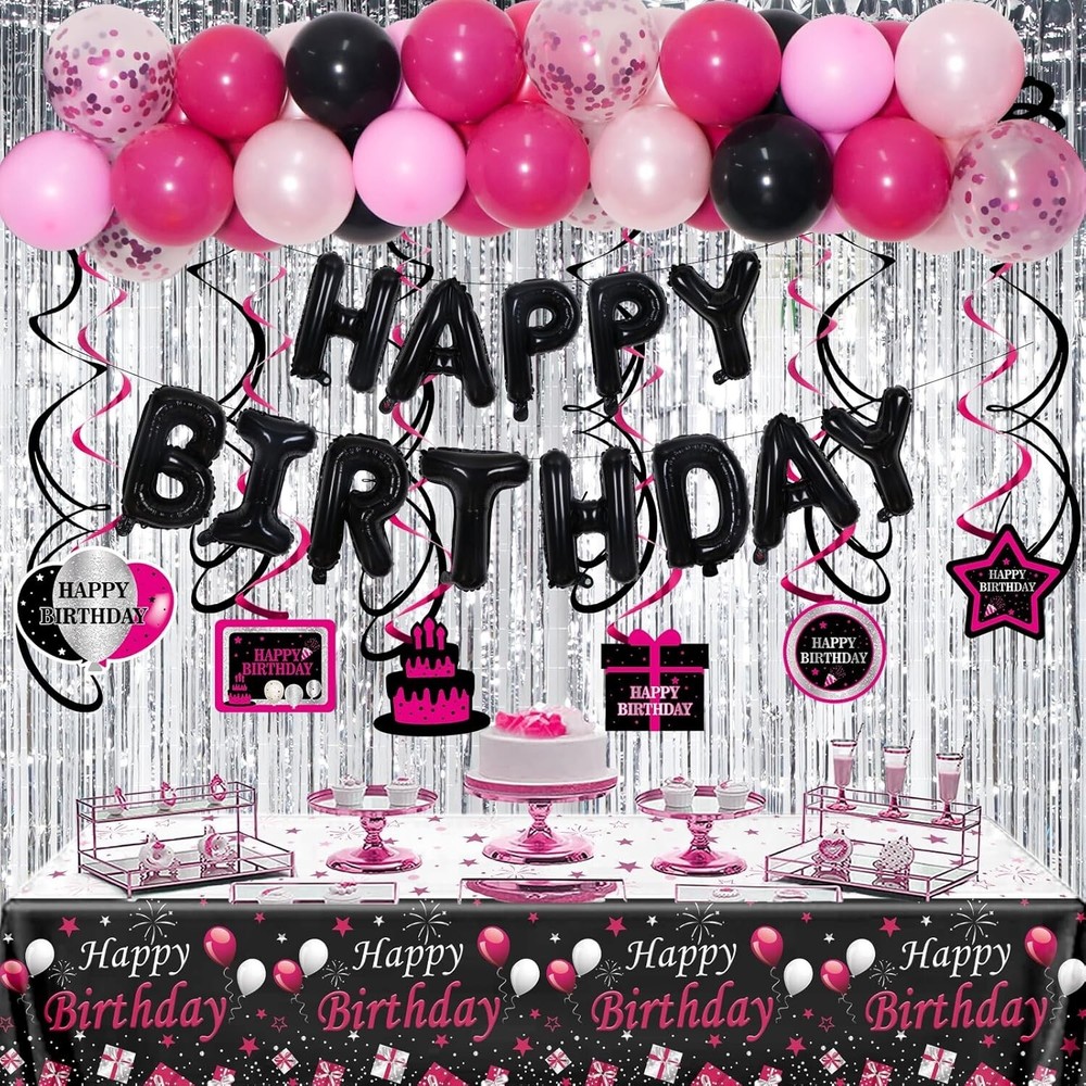 Pink and Black Birthday Decorations for Women Girls, Black and Hot Pink Party De