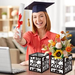4 Pack 7x7x7.5 Inches Black and White Graduation Centerpiece Boxes with Laser…