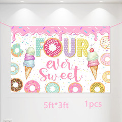 Donut 4Th Birthday Party Banner, Pink, Standard Banner, Wall Mount, Celebrating