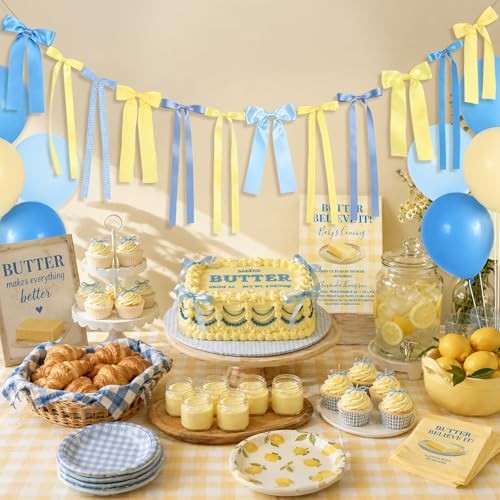 Butter Themed Bow Garland Banner – Blue Yellow Gingham Ribbon – Decor
