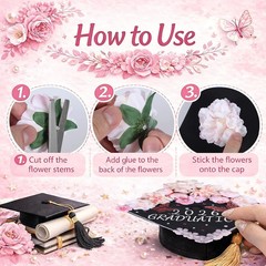 Graduation Cap Decorations Kit, 18PCS Artificial Silk Flowers with 3D Gold Butte