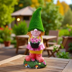 Solar Powered Resin Gnome Girl Statue Garden Ornament with Light Effect