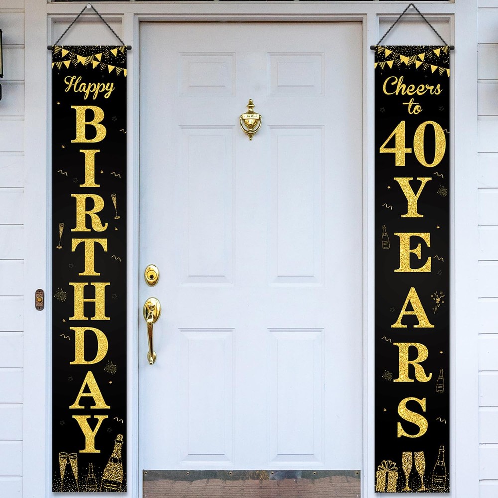 Happy 40th Door Banner Porch Sign Black Gold, Cheers to 40 Years Party Decora…