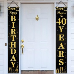 Happy 40th Door Banner Porch Sign Black Gold, Cheers to 40 Years Party Decora…