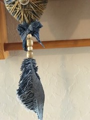 Heart, Handmade Denim Feathers, Hanging Decorations, Wood Beads, Yarn, Repurpose