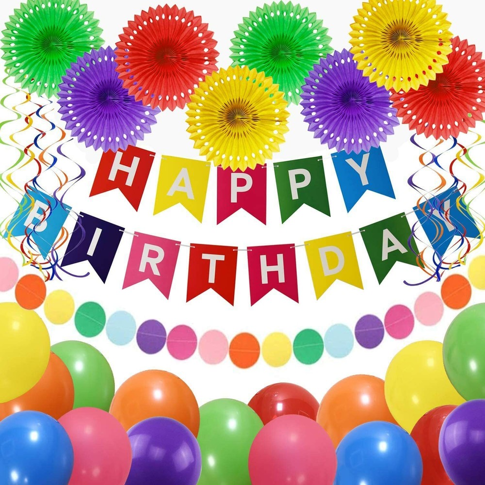 44pcs Birthday Party Decorations, Banner, Paper Fan, Garland, Swirl, Balloons