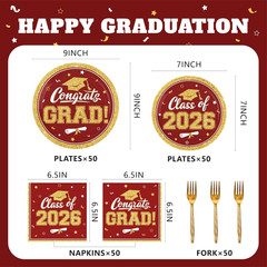Maroon Gold Graduation Decorations 2026,200Pcs Maroon Graduation Plates and Napk