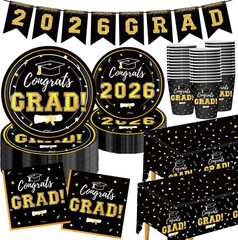 Graduation Decorations 2026 Disposable Black Graduation Tableware Kit for 25 Gue