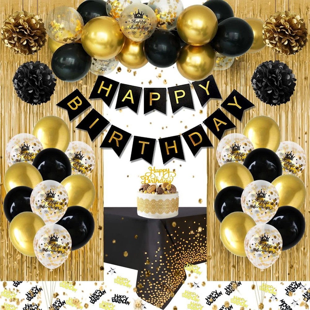 Birthday Decorations for Men Women, Black and Gold Party