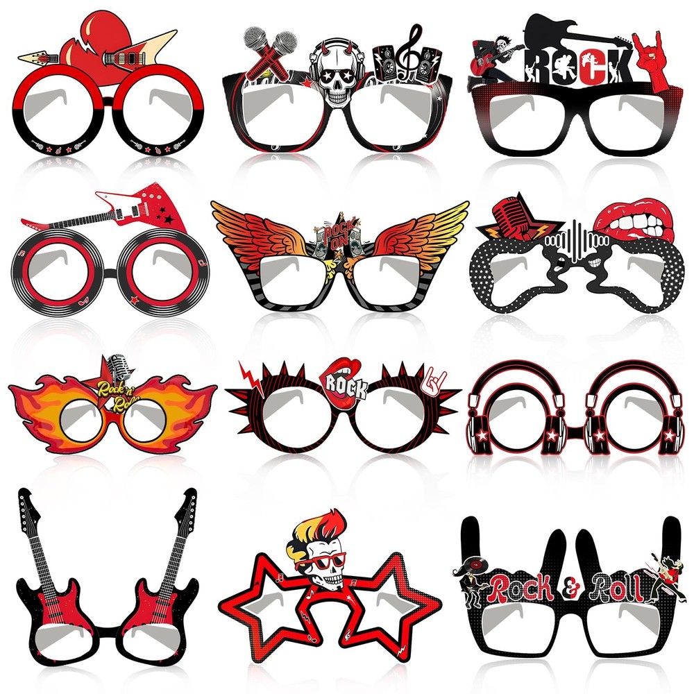 24 PCS Rock and Roll Party Decorations Rock Star Paper Glasses Rock Photo Boo…