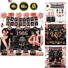 40th Birthday Decorations for Women Rose Gold Banner Balloon Pompoms Swirls