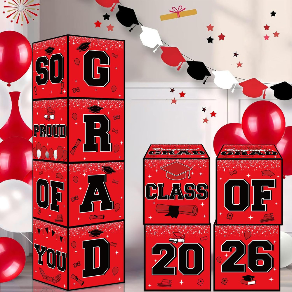 Red and Black Graduation Decorations 2026, 4Pcs Graduation Balloon Boxes with Le