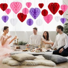 21Pcs Valentines Party Heart Decorations – Red Pink White Purple Paper Honeyc…