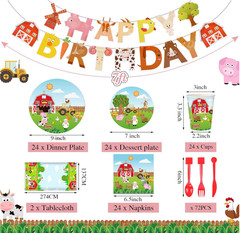 Pajean 171 Pcs Farm Animals Birthday Party Supplies, 24 Guests Barnyard Theme