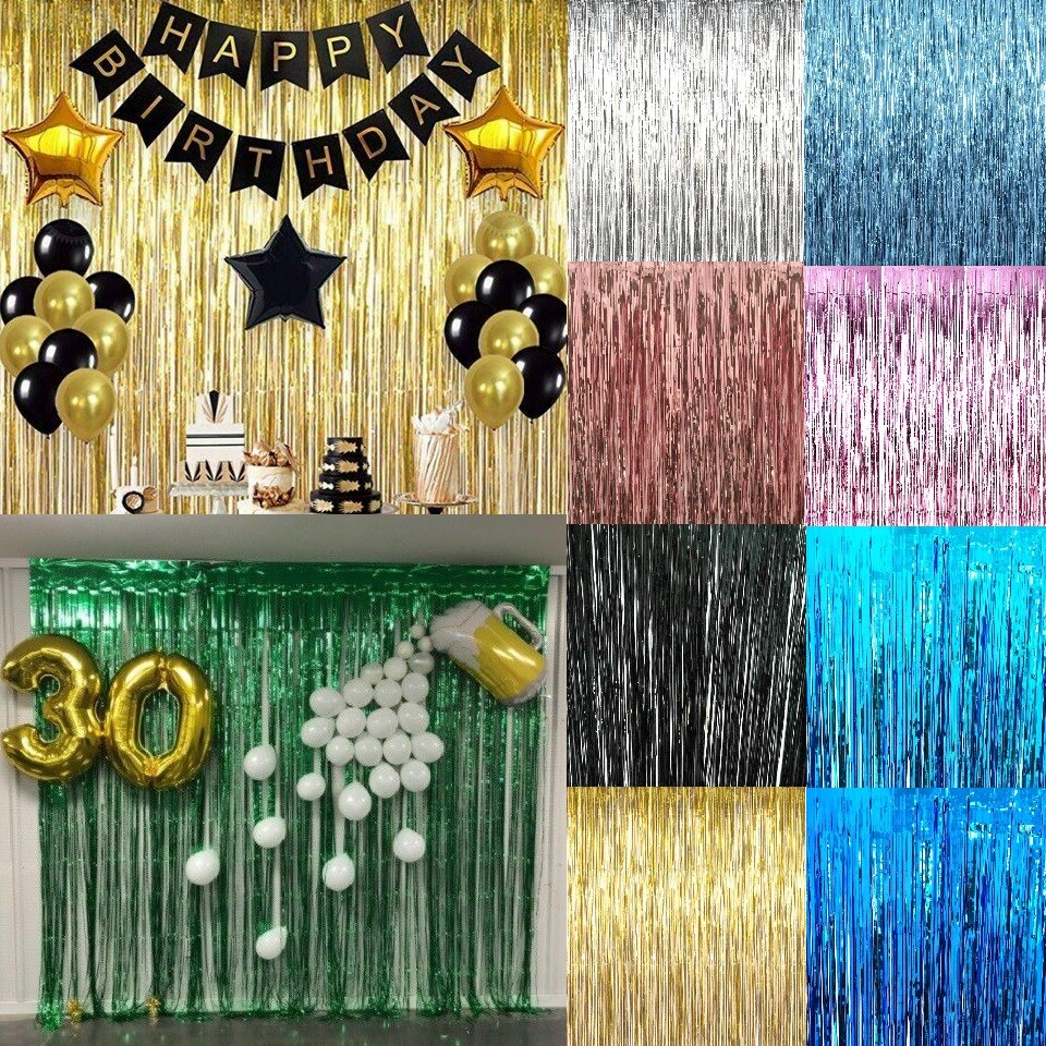 2M-3M Self Adhesive Foil Fringe Tinsel Shimmer Curtain Happy Birthday Party Door