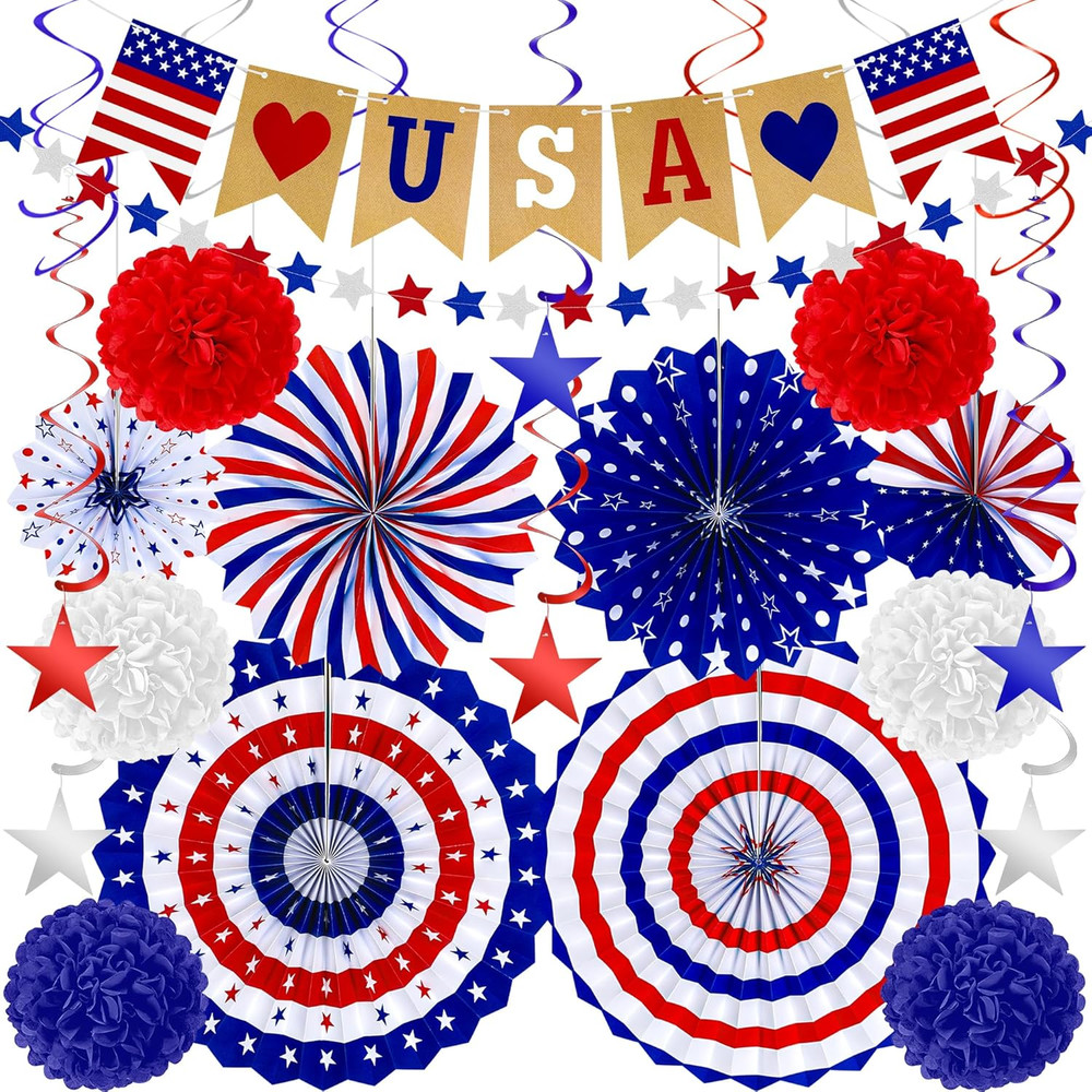26 PCS 4Th of July Decorations, 250Th Memorial Day Red White Blue Paper Fans Dec