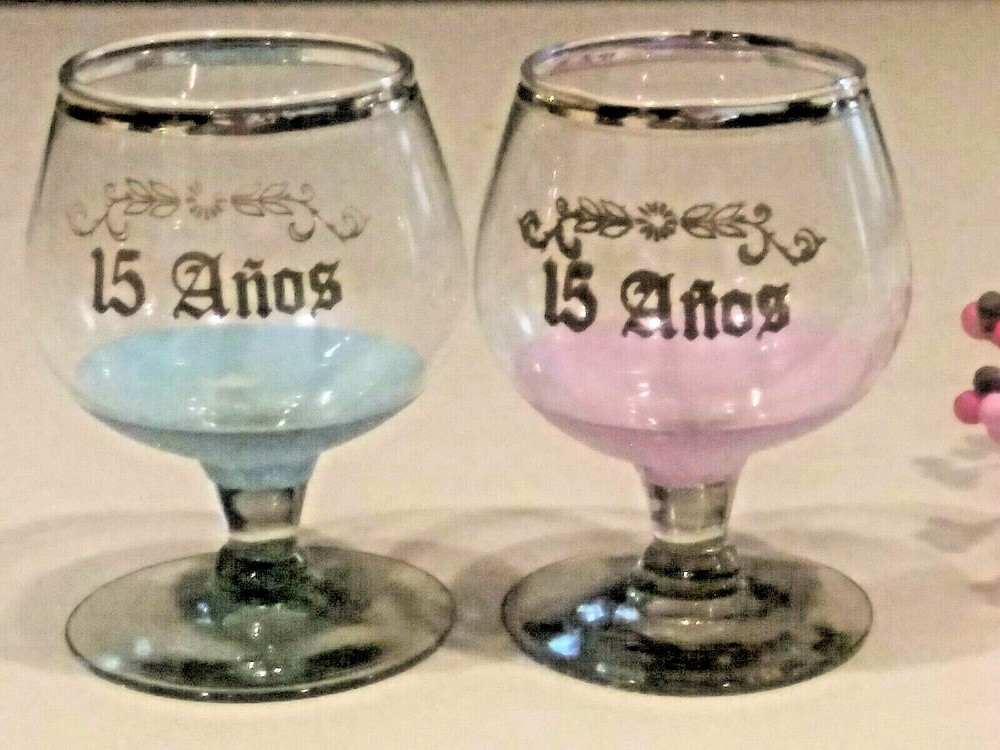 Vintage 15 Anos(year) Anniversary Birthday Glass Snifters Blue/Pink boy girl