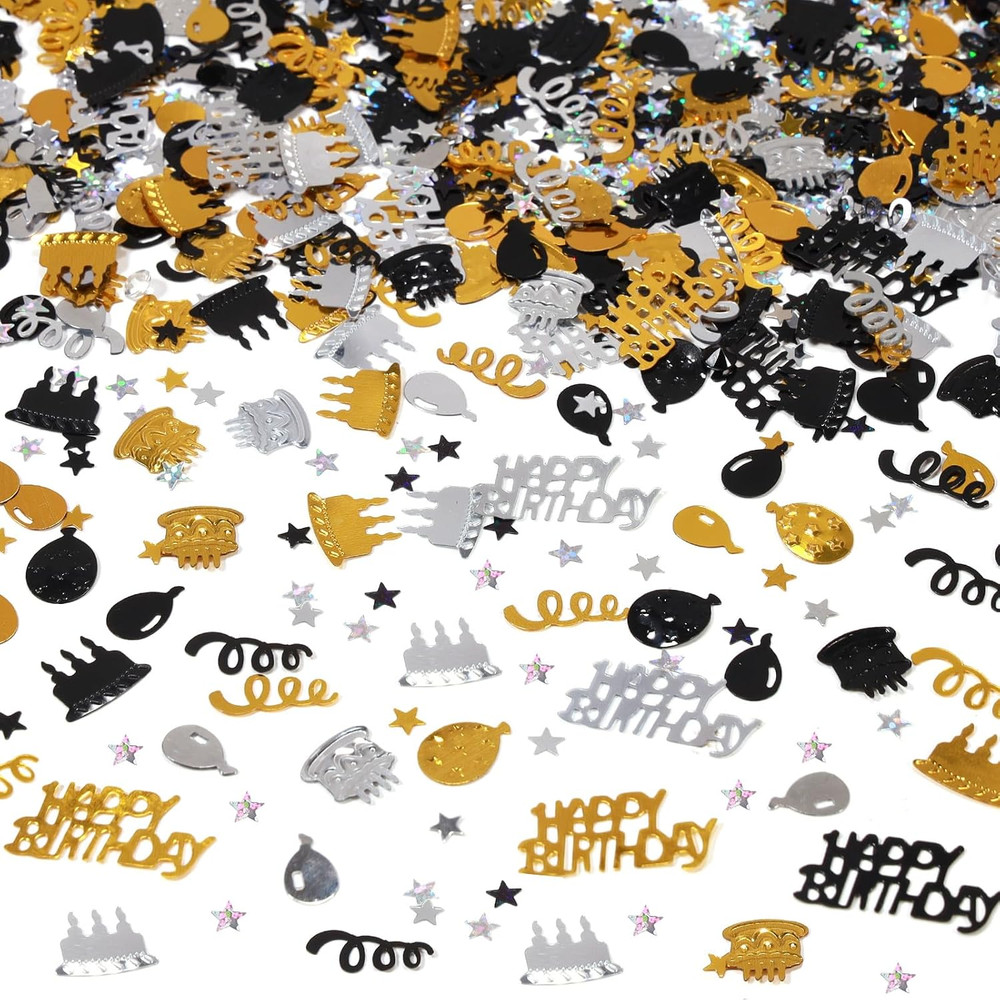 Gold and Black Happy Birthday Confetti, 3000 Pcs Birthday Cake Table Metallic Fo