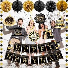 Happy New Year Banner: New Years Decorations Gold Black Paper Flag Bunting Swirl