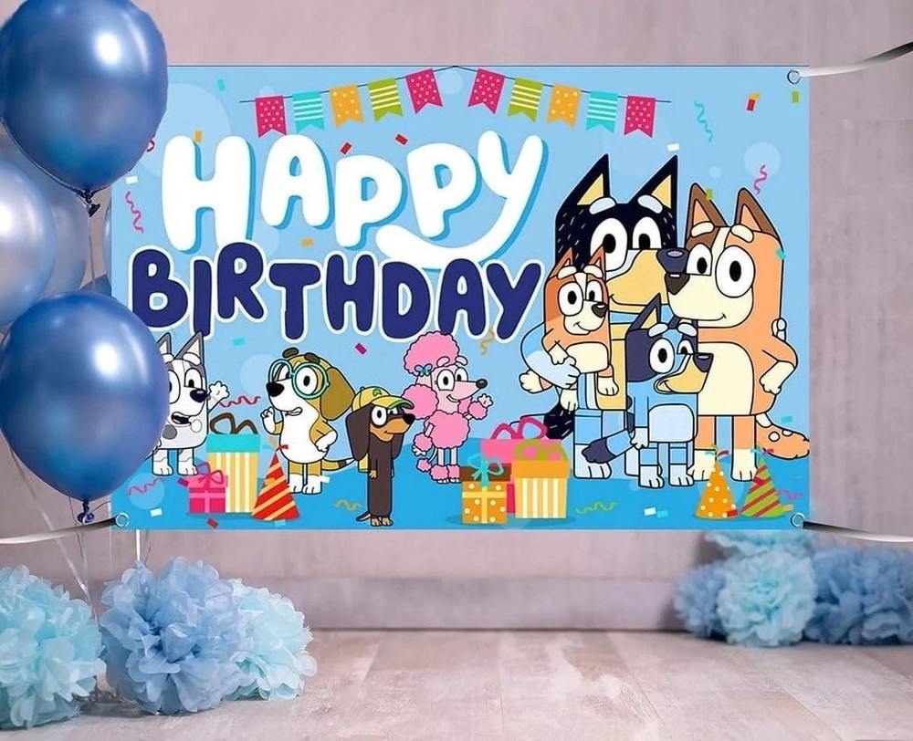 7x5ft Cartoon Blue Sheepdog Theme Happy Birthday Backdrop Kids Birthday Decorate