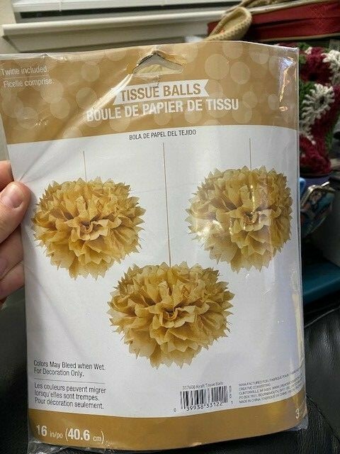 Tissue Balls Kraft Party Decorations 16″- 3 ct. (e) New!!!