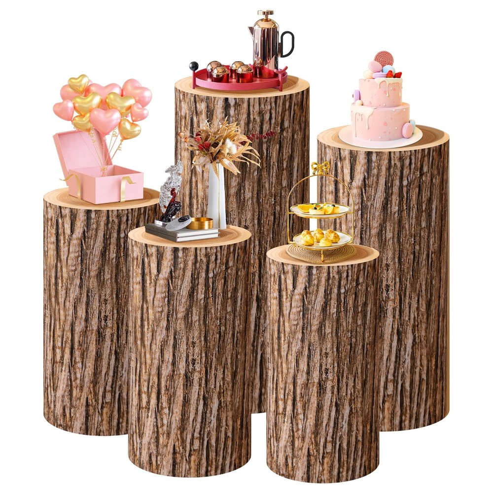 Set of 5 Wood Cylinder Stand Covers, Spandex Pedestal Stand Covers for Party,…