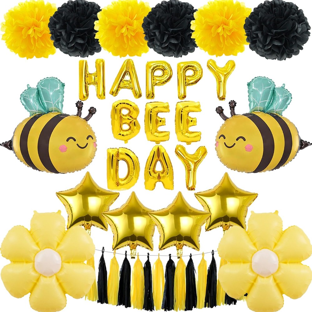 Happy Bee Day Decorations Pack of 21, Daisy Balloons, Bumble Bee Balloons for…