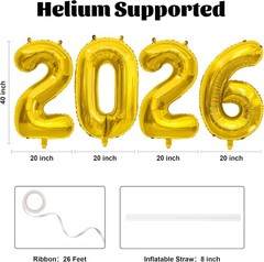 40 Inch 2026 Balloons Gold Foil Number Balloons for 2026 New Year Festival