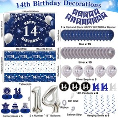 Dark Blue Silver 14th Decorations for Boys Girls, Happy 14th Decorations Boy …
