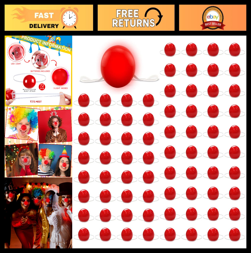 72 Pcs Light-Up Red Clown Noses – Circus Costume Accessories, Party Supplies, Co