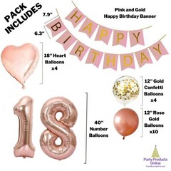 18th Birthday Decorations For Her – Pink and Rose Gold Theme – Balloons, Banner