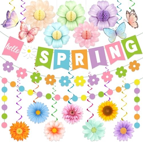 Hello Spring Decorations Banner,Spring Party Decorations includes Colorful