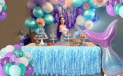 2 Pack Teal Blue Shiny Wavy Tinsel Foil Fringe Table Skirts Table Decorations