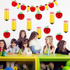 13Pcs Back to School Hanging Decorations Pencil Apple Hanging Honeycombs Classro