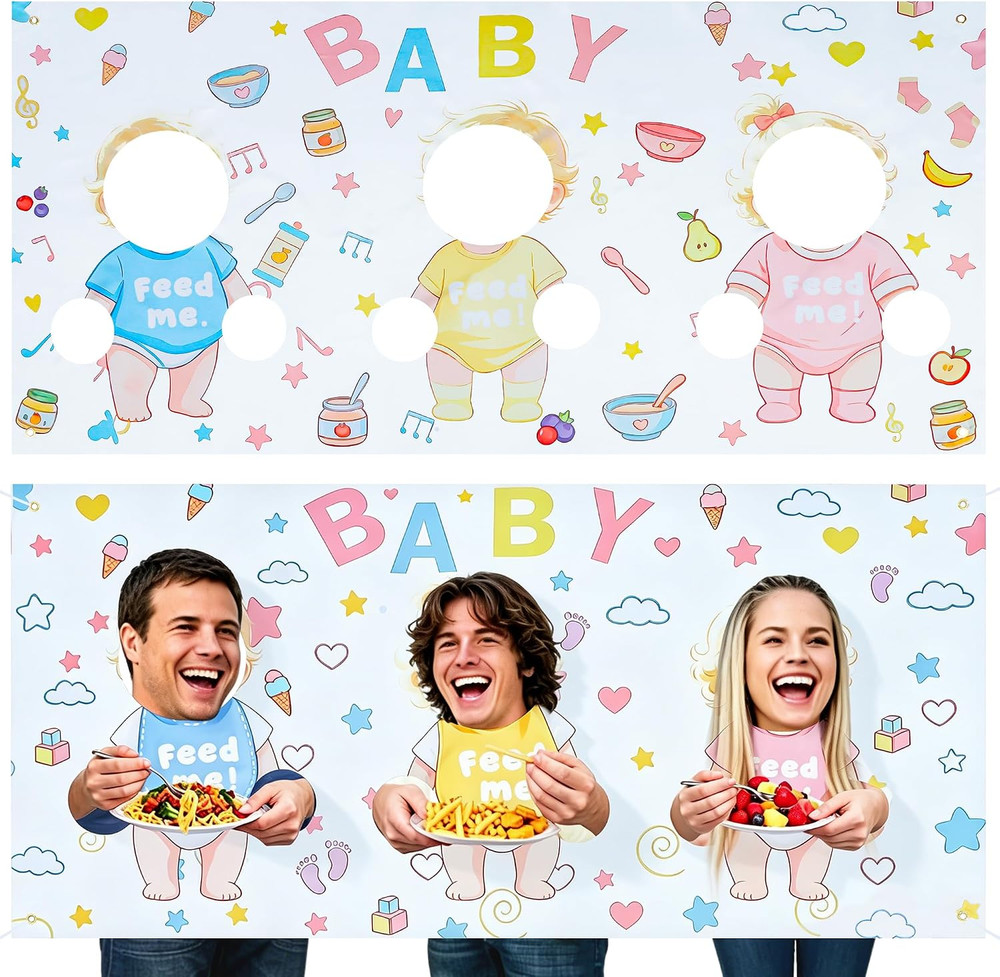 2Pcs Feed Me Baby Shower Game Backdrop, Funny Blindfold Feeding Baby Game Banner