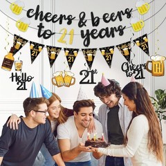 Black Gold 21st Birthday Decorations for Him Men, Glitter Pre-Strung Cheers…